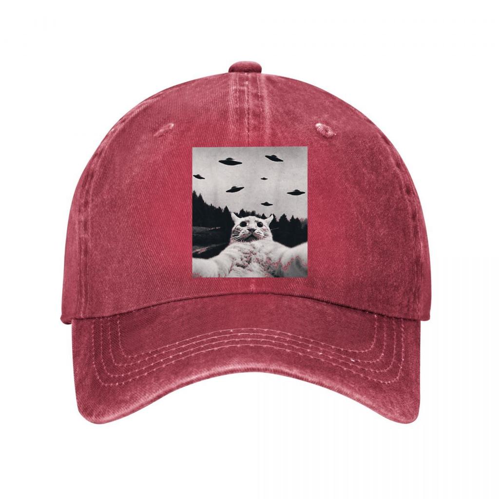 Funny Cat UFO Vintage Black White Wall Art Washed Baseball Cap Outdoor For Womens Unisex FeUnisex