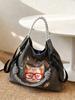 Gao Yuanyuan Style Japanese Embroidery Cat Tote Bag - Versatile, Large Capacity, Single Shoulder & Crossbody Drawstring Bag