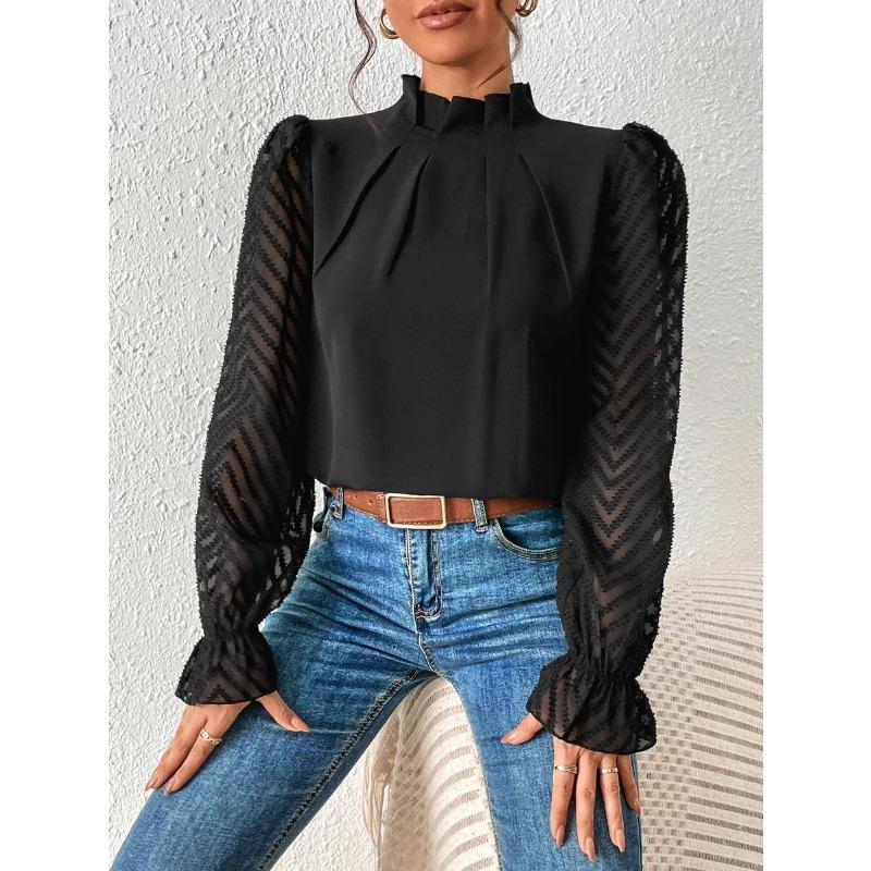 Damen Lockerer Halbrollkragen Patchwork Wellenförmiges Chiffon Langarm Pullover Top
