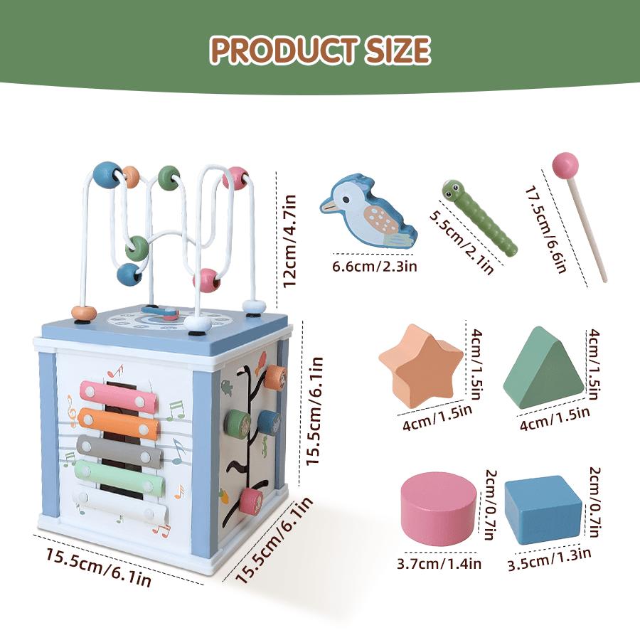 Wooden Activity Cube, 5 In 1 Activity Cube,Multifunctional Treasure Box Activity Toys,Featuring Shape Sorting ,Stacking Blocks,Xylophone,Easter Gifts