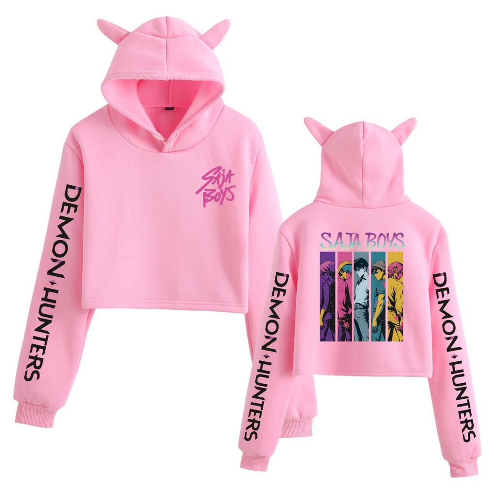 Short Hoodies Women KPop Demon Hunters Printed Lady Sweatshirt Tracksuit Long Sleeve Female Cropped Top Fashion Korean Clothes Harajuku