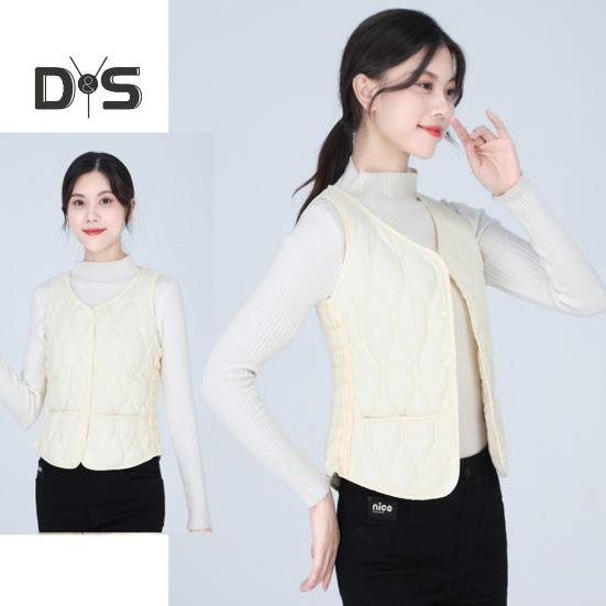 Wintermantel für Damen, Lagenlook, dünn, gepolstert, Knopfverschluss, V-Ausschnitt, ärmellos, einfarbig, winddicht, wärmespeichernd, Outdoor-Daunenmantel