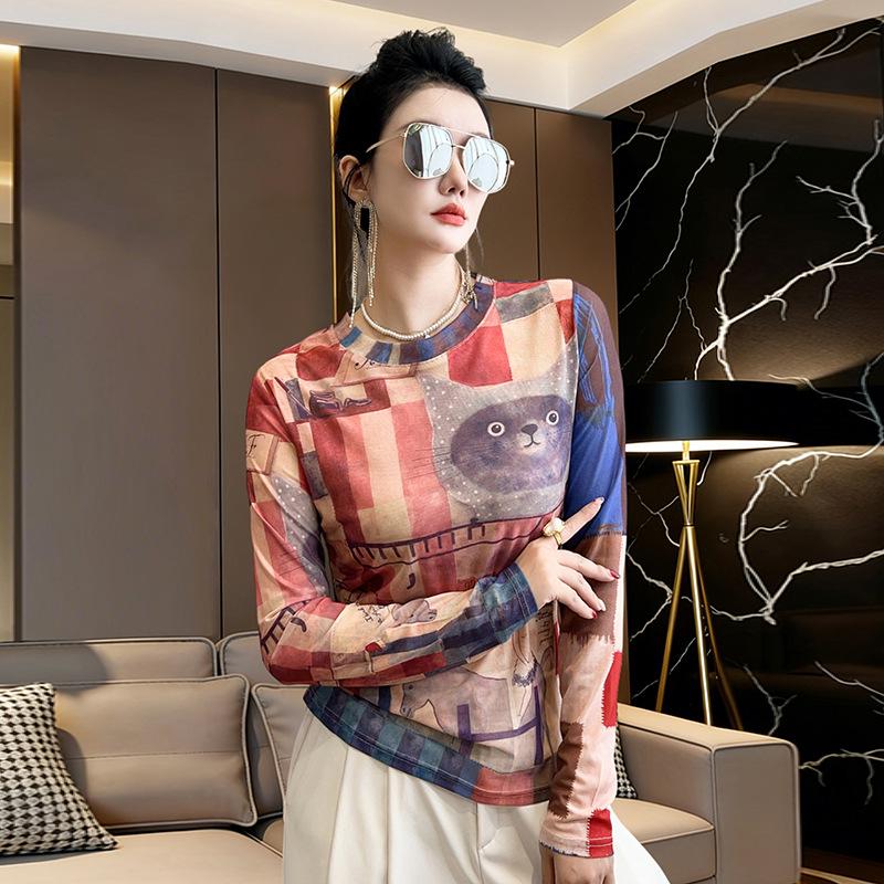 

European 2026 Spring/Summer Slimming Mesh Top with Cartoon Cat Print M