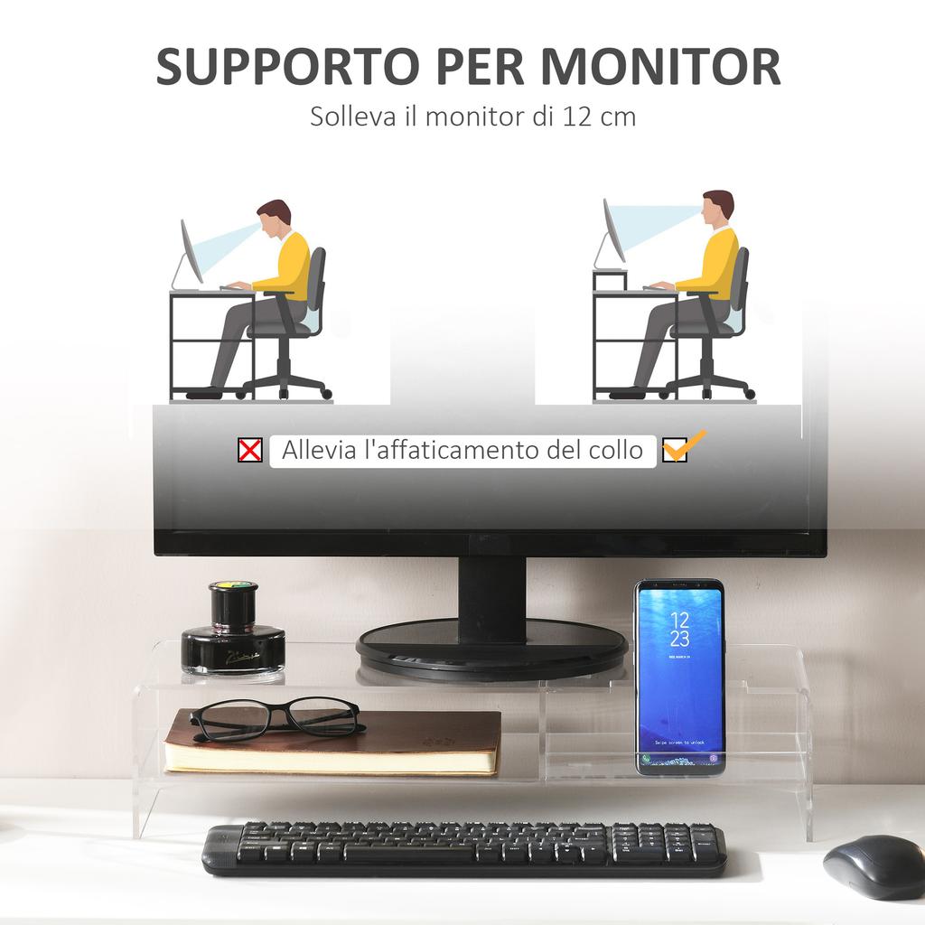 24" Max PC Monitor Stand with 2 Open Shelves. Made of Transparent Acrylic. 50.8x19x12cm