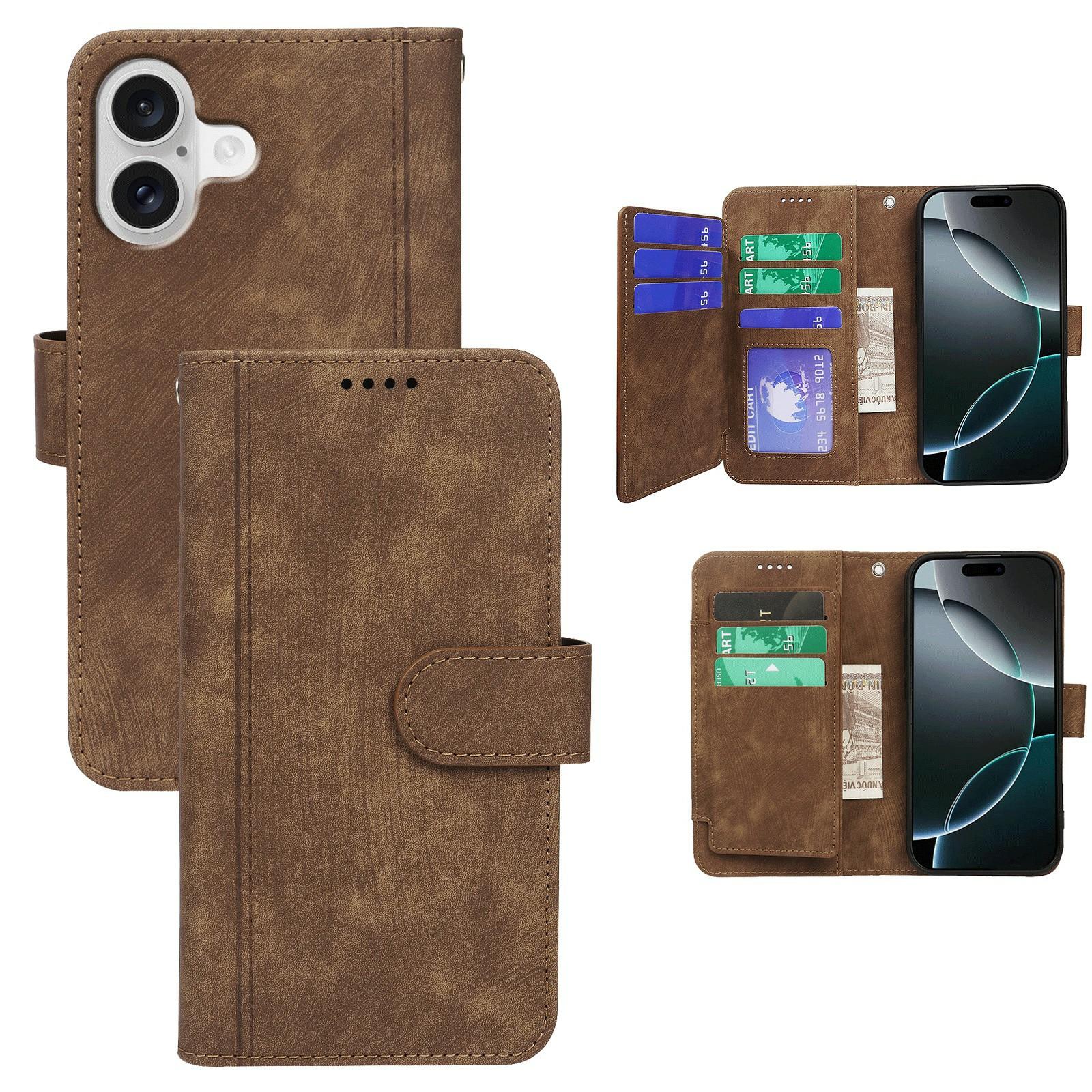 

For iPhone 17 Leather Case Line Pattern Wallet Phone Cover with 9 Card Slots Brown