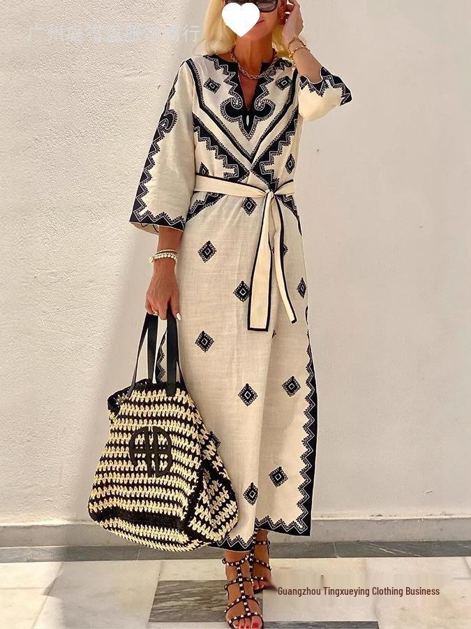 European & American Bohemian Printed Belt Dress - Autumn/Winter Women's Fashion.
