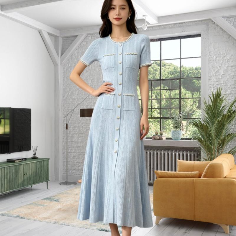 Elegant Lady Beaded Knitted Long Dress Women's Solid Short Sleeve O-Neck Single-breasted Bodycon Party Dress Female