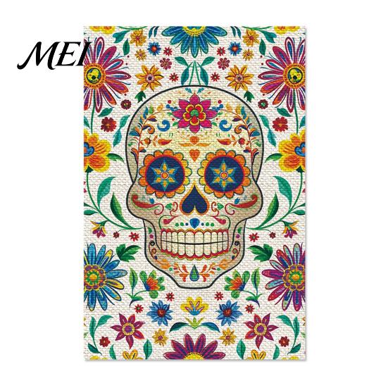 Decorative Burlap Lawn Banners Day of The Dead Garden Flag, 12x18 Inch Floral Skull Yard Festive Ornament Flags Mexican Gothic Skeleton Flowers