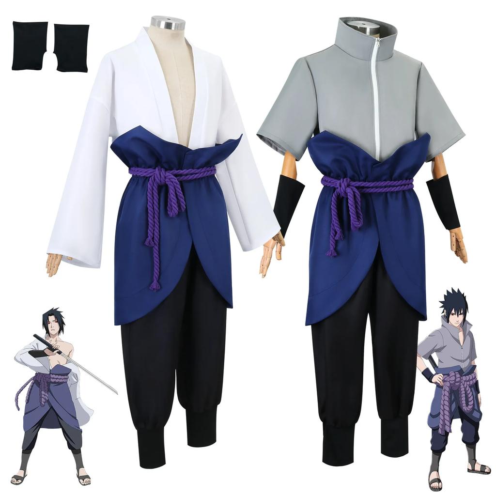 Set Costume Cosplay Uchiha Sasuke - Anime Hokage Shippuden Terza Generazione Tuta Grigia con Parrucca per Halloween