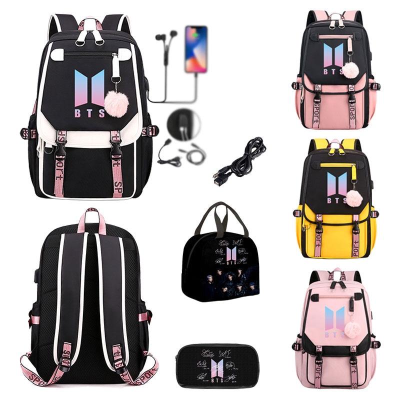 Uroczy plecak BTS z tkaniny Oxford z ładowaniem USB, idealny dla uczniów szkół podstawowych i średnich, pojemność 20-35 l