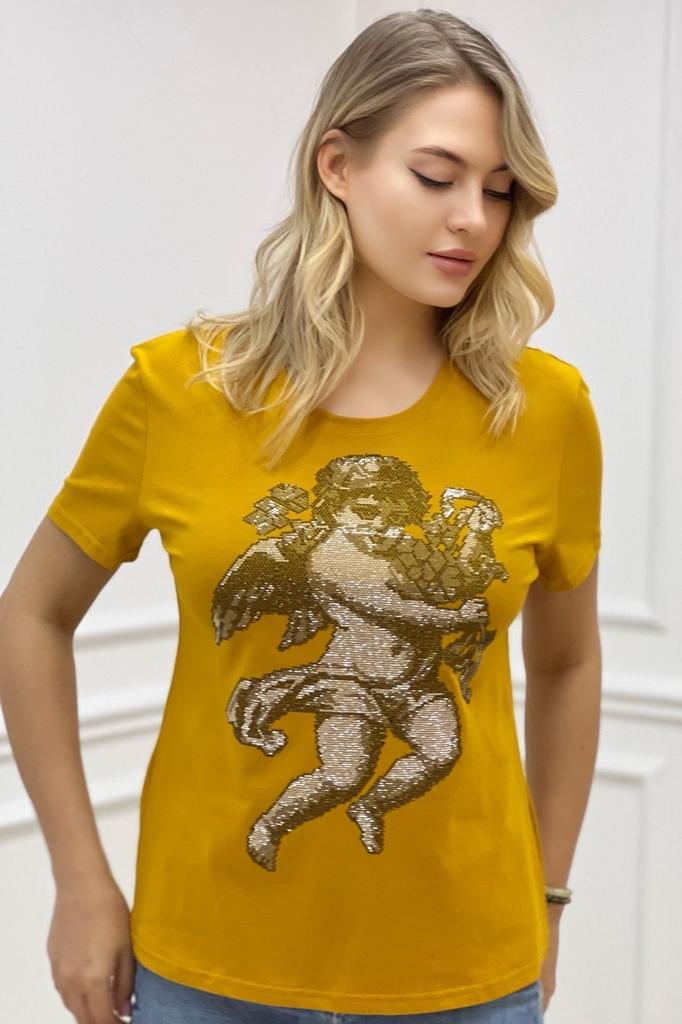 Tricou Stil Femei Mărime Mare cu Model Înger Piatră de Cristal Negru Gât Rotund Mărime Plus Tricou Elegant din Bumbac