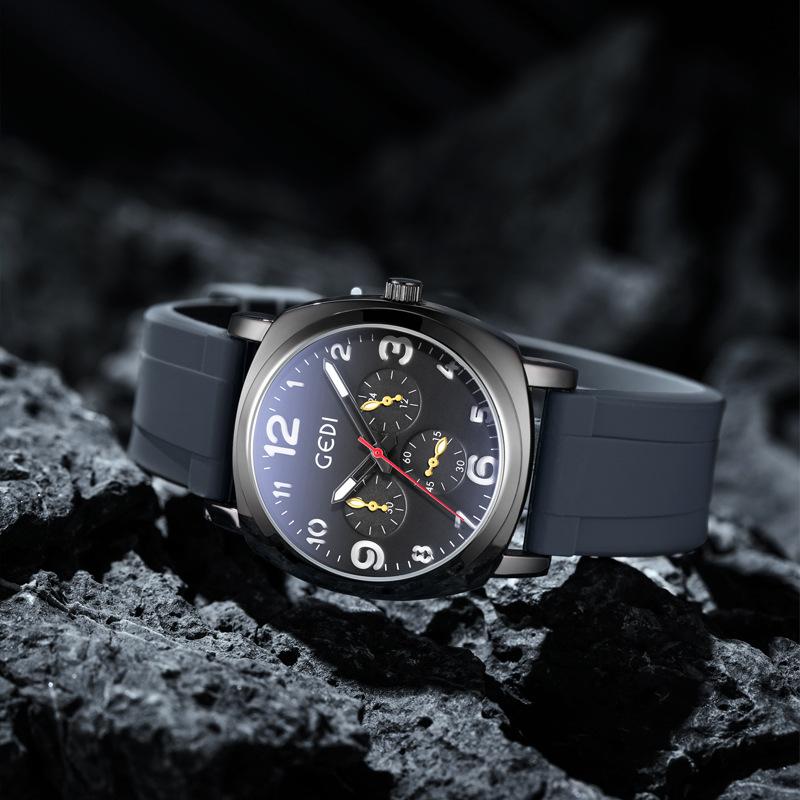 Men'S Fake Three-Eye Six-Pin Watch, High-End Sports Silicone Watch, Student Party Waterproof Quartz Watch