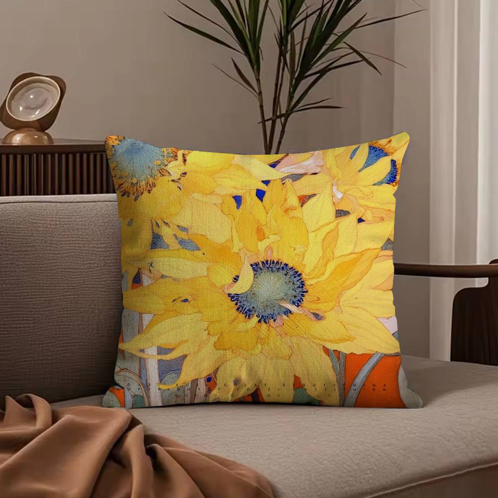 Art sunflower Pillow Case Anti-dustmite Pillowcase Invisible zipper silky short plush Sofa cushion cover