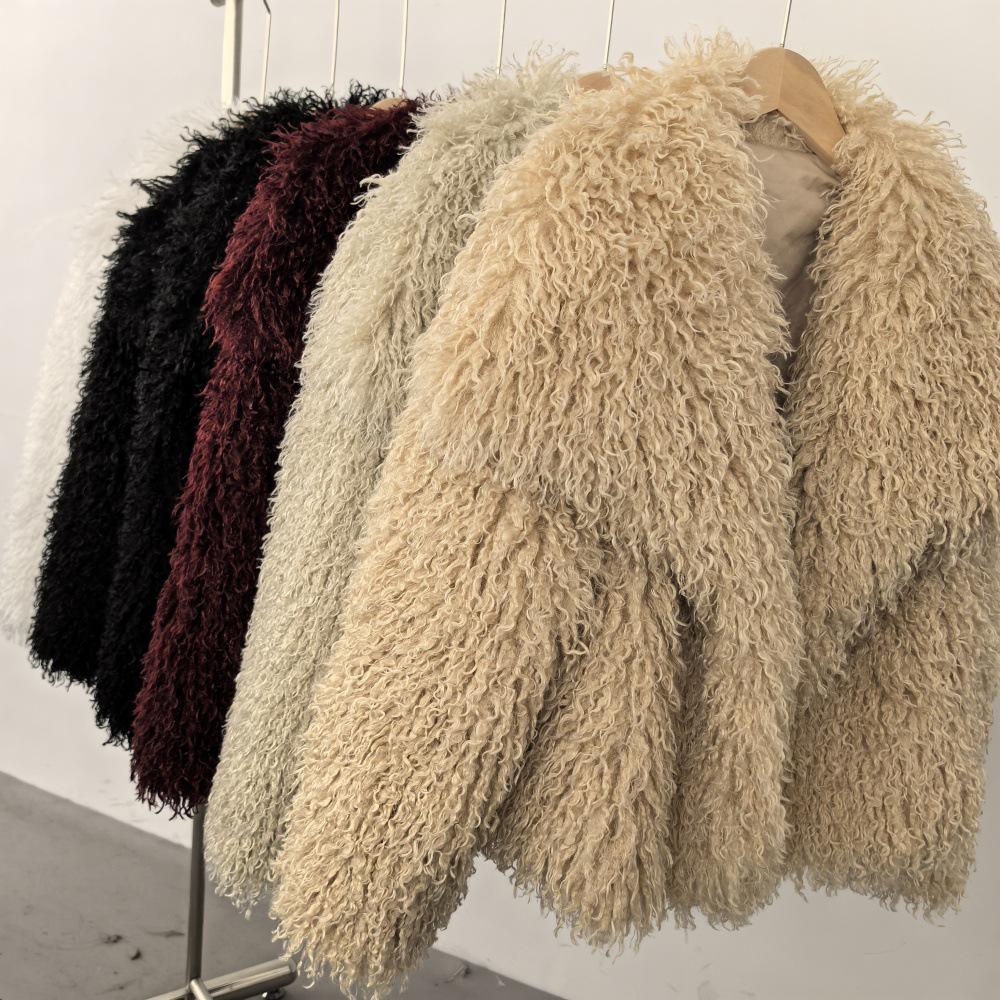 Damen Winter Kunstpelzmantel mit großem Revers - Imitation Waschbärfell
