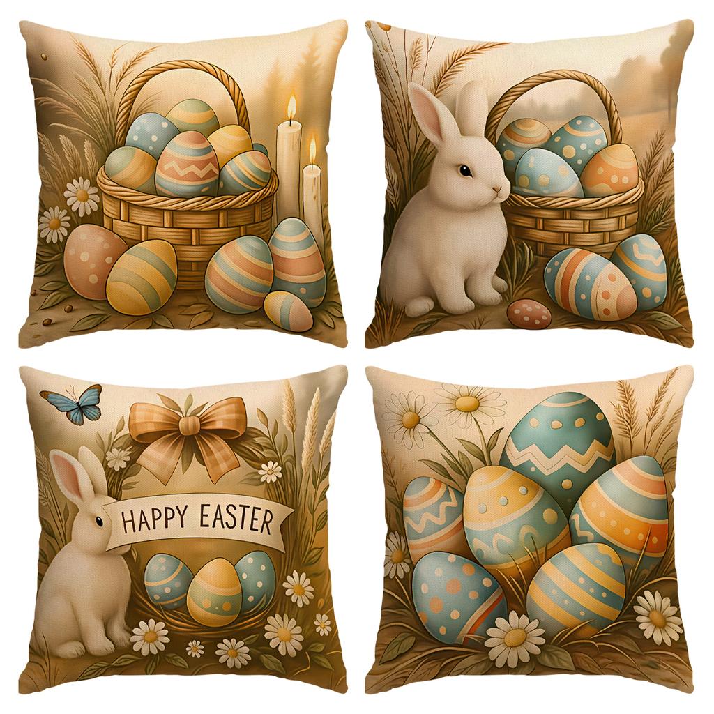 4Pcs Spring Easter Pillowcase, Cute Rabbit, Easter Egg Plant Flower Print Pillowcase, Easter Party Decoration Sofa Cushion Cover