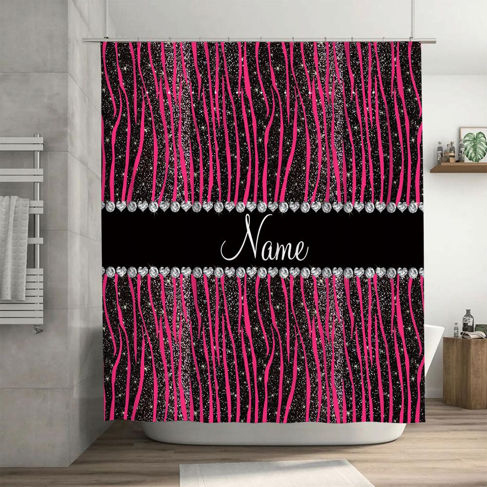 Shower Curtain With Black Pink White Stripes Glitter Rhinestones For Bathroom Decor Customizable Name 36X72 Inch
