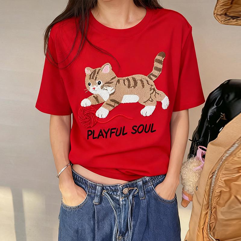 

Women s Autumn/Winter 2025 Cartoon Brushed T-Shirt - Fashionable Thick Short Sleeve Round Neck Top L красный