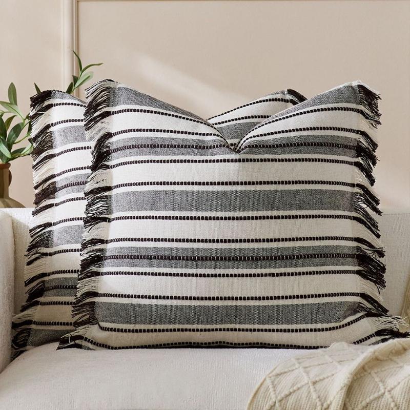 Spring Throw Pillow Covers Striped Pillow Covers with Tassel Boho Farmhouse Cushion Cover for Home Sofa Bed Living Room Decor
