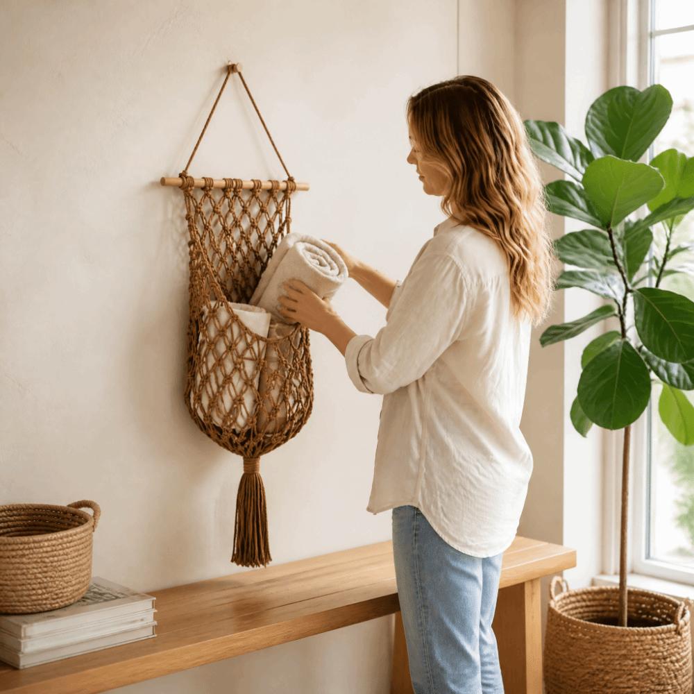 Handmade Woven Hanging Wall Holder Tassel Design Kitchen Storage Rack Vegetable Container Home