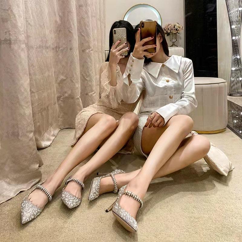 2025 Wedding Shoes Women'S Pearl Crystal High Heels Women'S Stiletto Pointy Net Red Champagne Dress Single Shoes