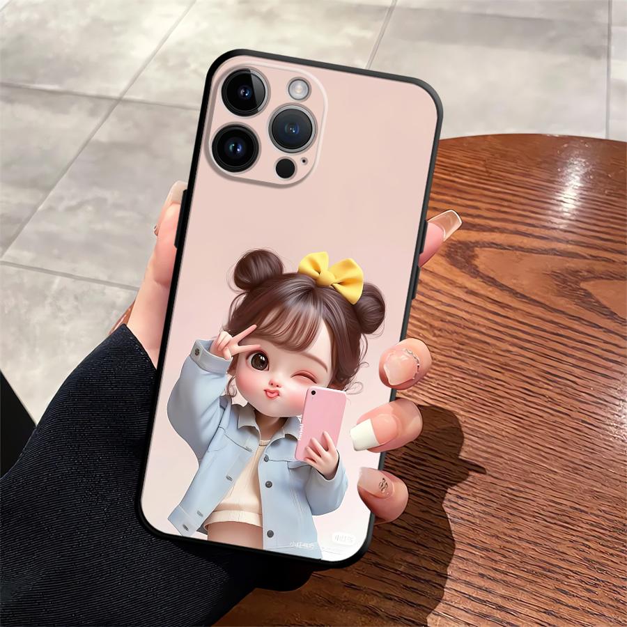 Cartoon Girl Pattern Case for iPhone XS Max XR 13 12 11 17 Pro Max 7 8 17Air 15 16 14 Plus Black Soft Phone Cover