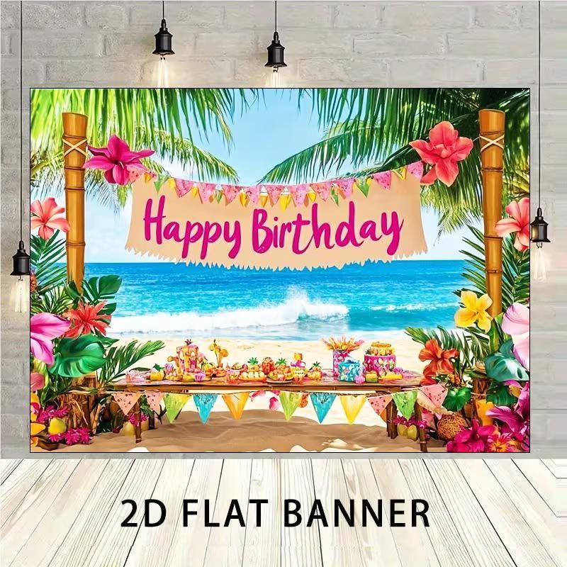 

2D Luau Party Backdrop, Tropical Beach and Flowers for Kids Birthday Photoshoot 47.2x31.5inch/120*80cm
