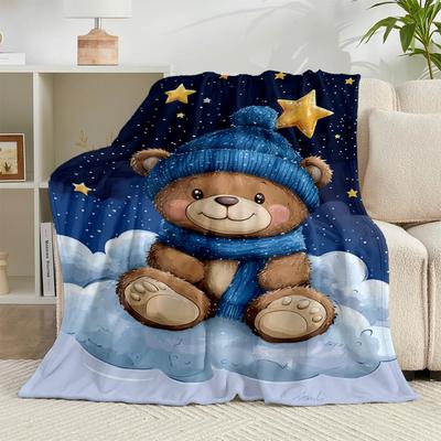 1PC Teddy Bear Night Sky Flannel Blanket Gift, Suitable for Both Men And Women, Soft Ideal for Beds And Sofa, Birthday Or Christmas Gift