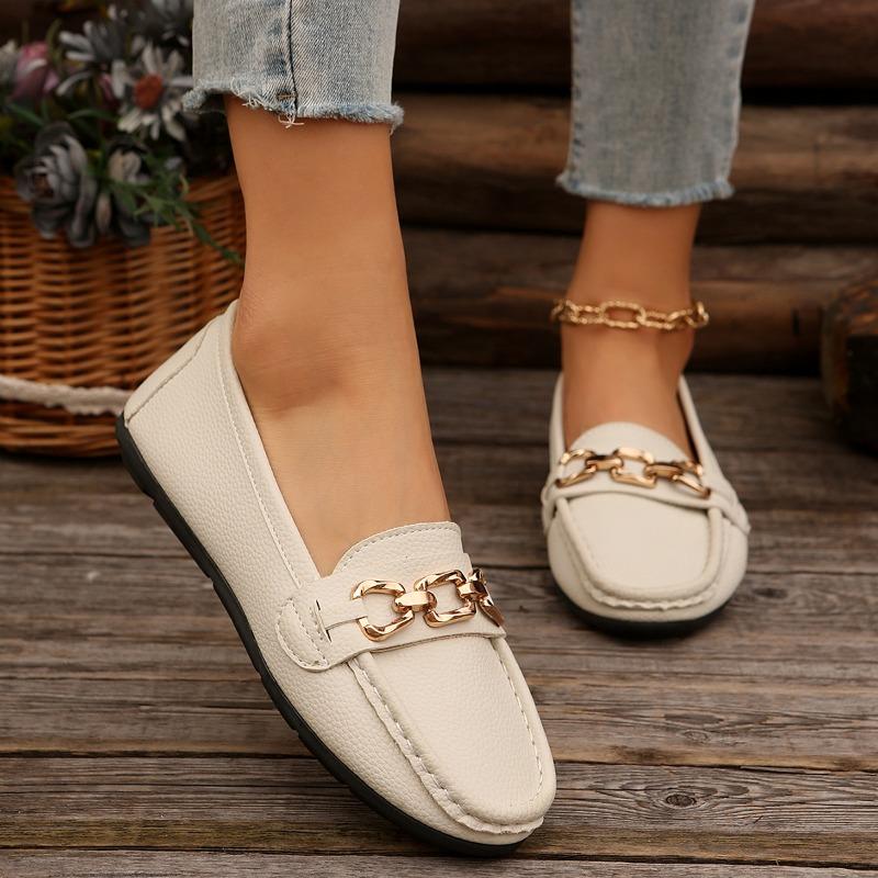 Fashion Women's Fashion Flat Shoes Autumn New Round Head Deep Mouth Metal Chain Soft Sole Anti-slip Wear-resistant Low-top Shoes