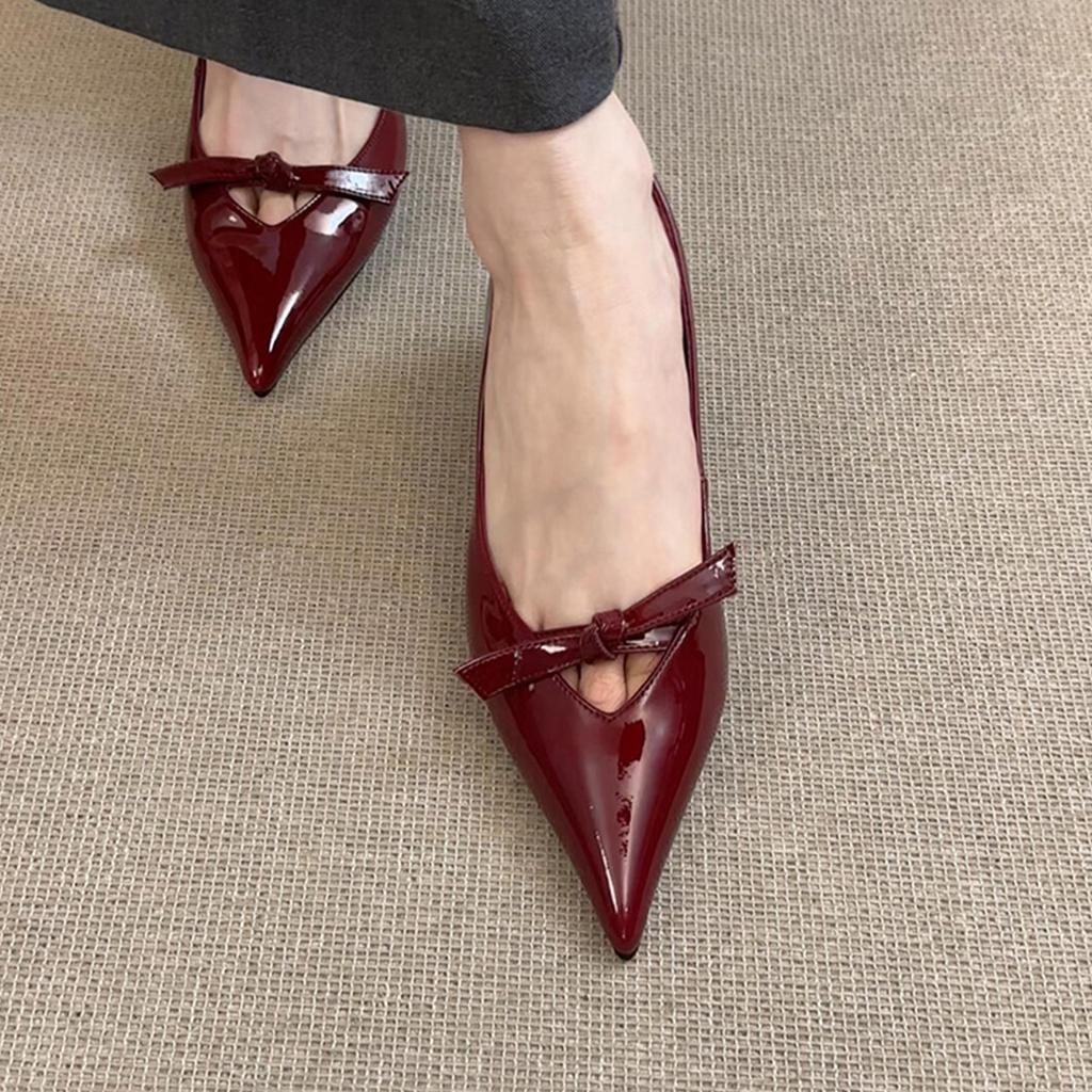 Sheepskin French temperament inner height increase hollow shallow mouth single shoes women's one foot pedal pointed shoes bow Mary Jane shoes