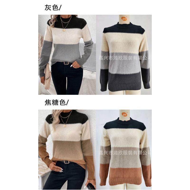 Women S Color Block Pullover Round Neck Long Sleeve Knit Sweater Casual Top
