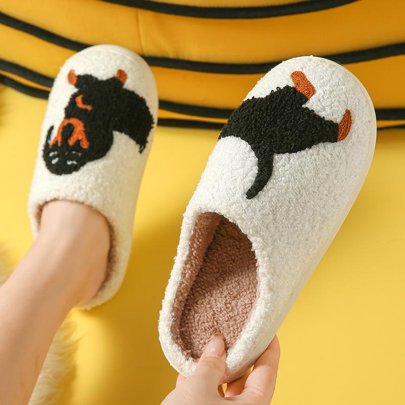 Fashion Winter Women's Slippers Halloween Cute Interesting Cartoon Little Black Dog Indoor Warm Comfort Home Bedroom Soft Plush Shoes