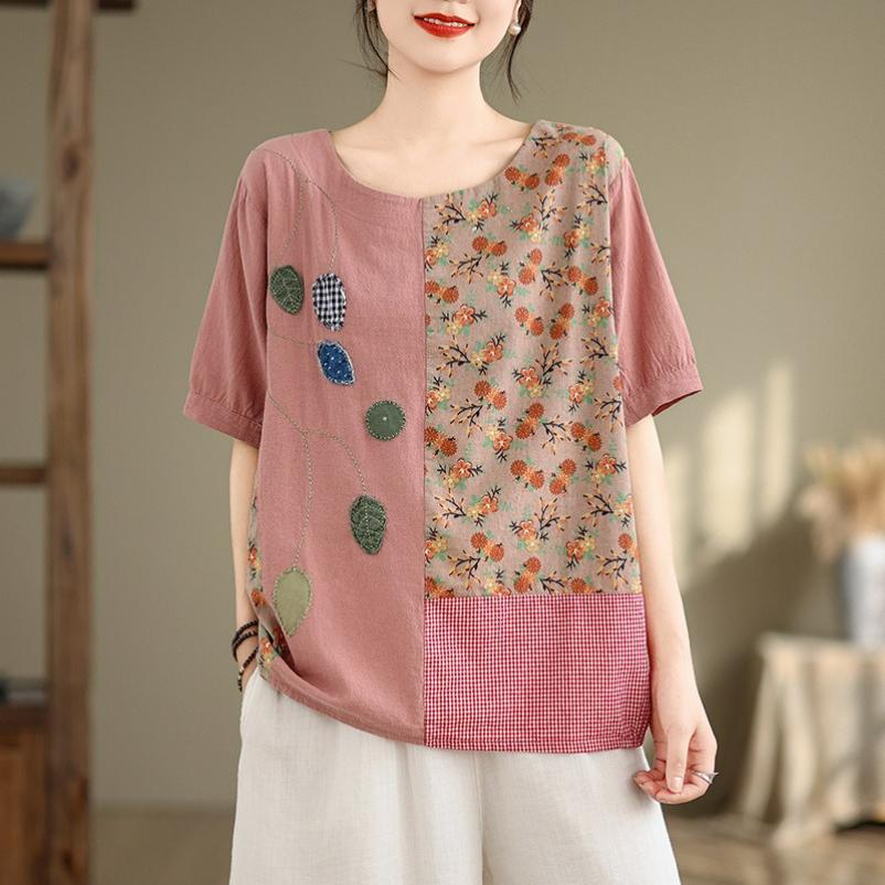 Retro Literary and Artistic Printed Leaf Shirt Stitching Embroidery Short-sleeved T-shirt Loose Casual Large Size Top