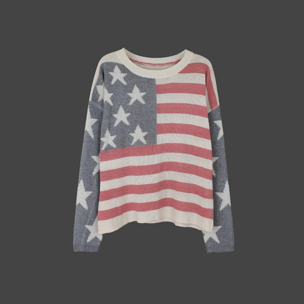 Women's US Flag Print Long Sleeve Knit Sweater Top Spring Summer