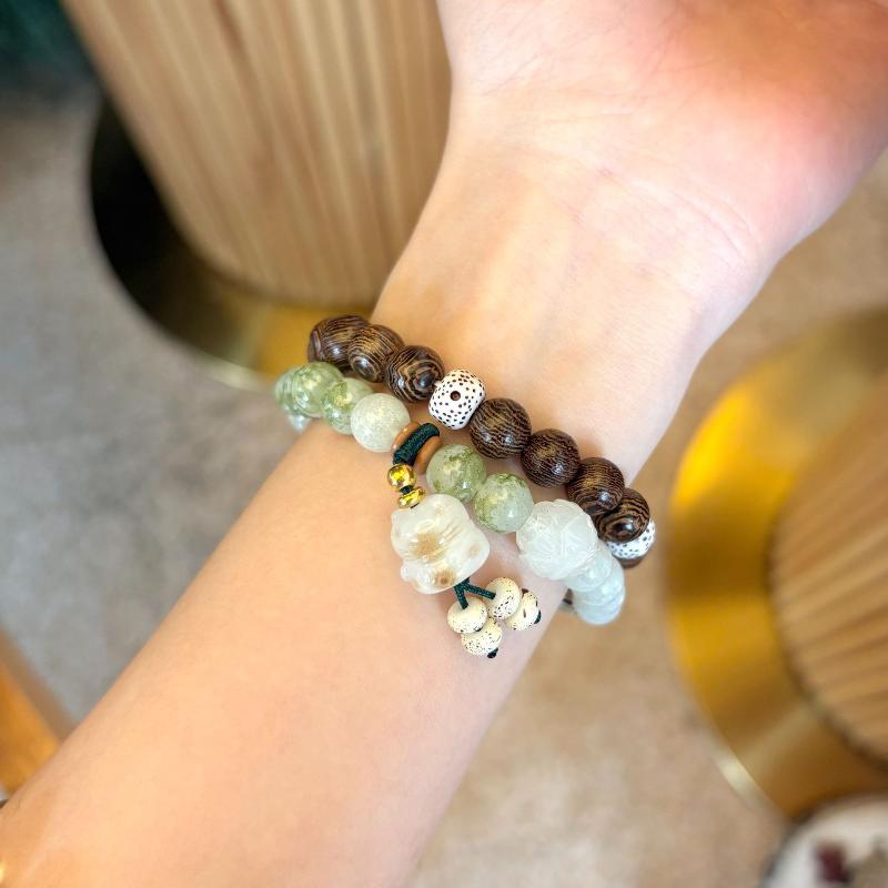 New Chinese Style Beaded Bracelet Watch Strap for Xiaomi Band 10, Premium Replacement Wristband, Green Grape Milk Tea Design