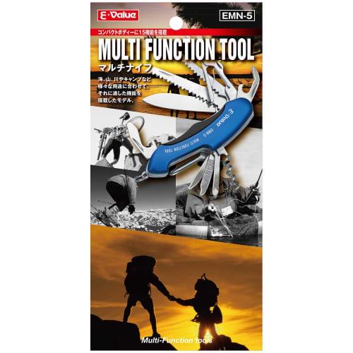 E-Value EMN-5 Blue Multi-Knife with 15 Functions for Outdoor Activities and Camping, Ideal for Work, Carpentry, and Outdoor Use