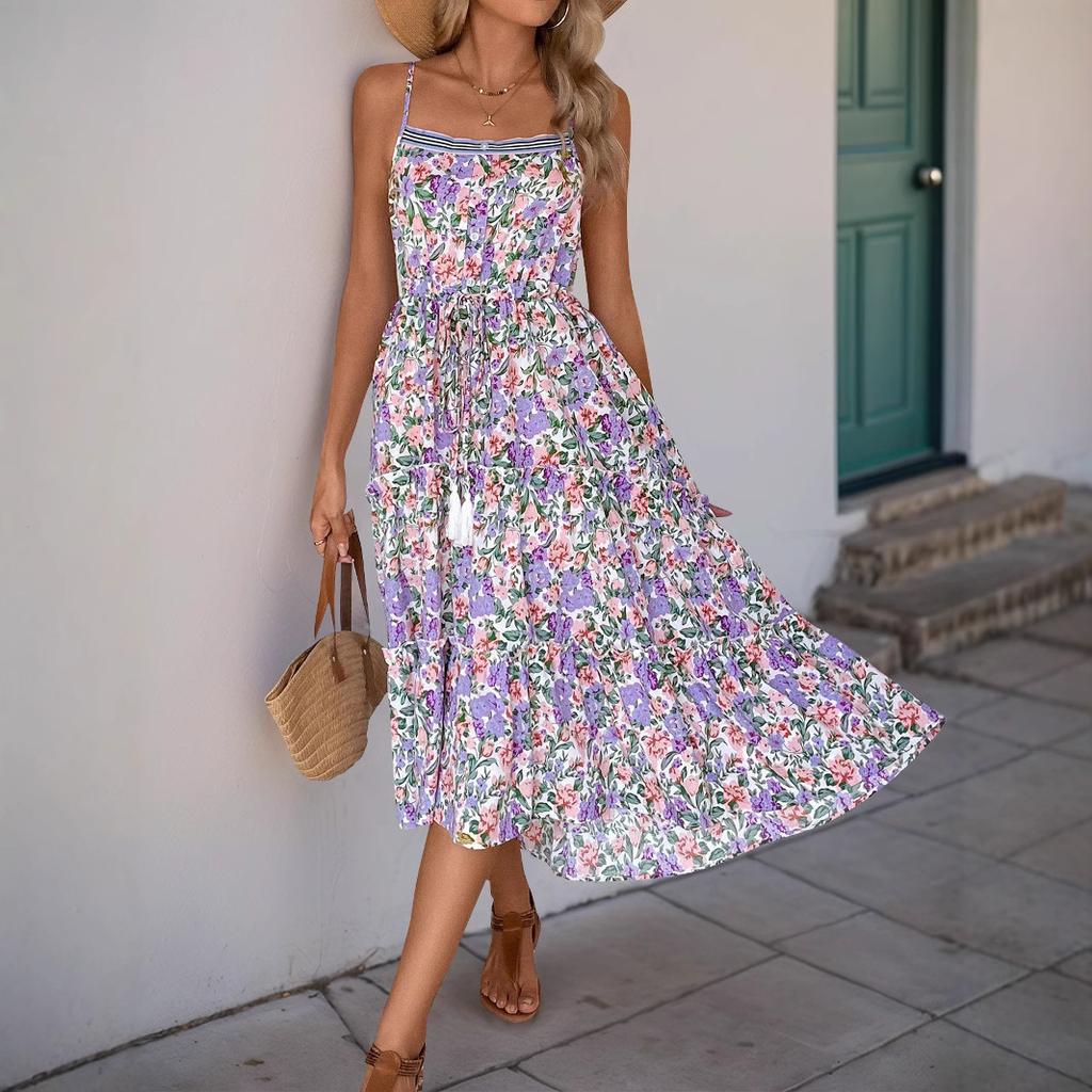 Amazon Independent Station 2025 Summer New European and American Suspender Skirt Cross-border Pleated Printed Ruffle Edge Dress