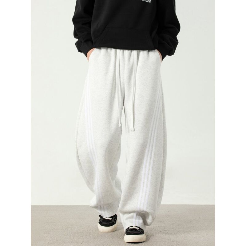 Wassup Casual Pants for Men, New Spring and Autumn Style, Trendy Brand, Heavy-Duty Three-Stripe, Loose Fit, Versatile Beige Straight-Leg Sweatpants