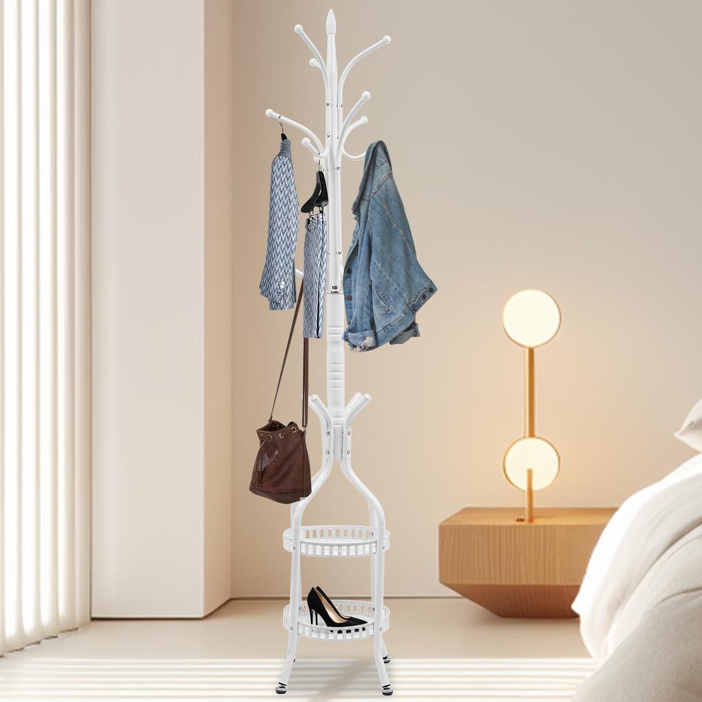 Double Layer Round Multi-functional Coat Rack, Iron White Freestanding Hanger Stand, Holds Up to 15kg for Living Room Bedroom