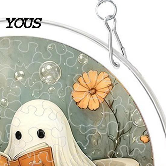 Acrylic Halloween Decoration Suncatcher Jigsaw Puzzle Set, Spooky Ghost Floral Meadow Window Hanging Ornament with Metal Lightweight Frame