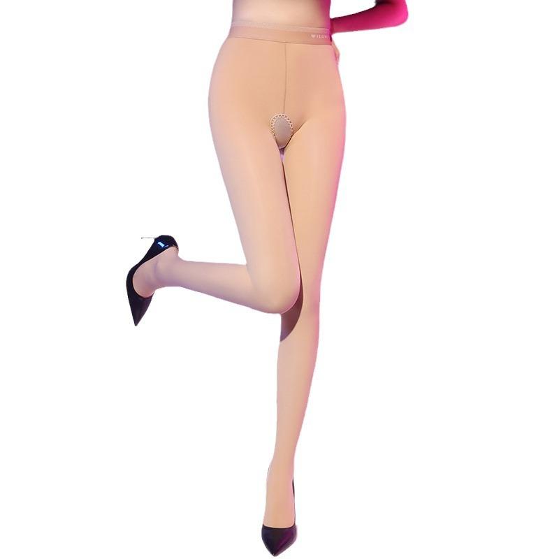 Winter Glossy Tights with Fleece Sexy Open Crotch Pantyhose, Letter Waist, Slimming Bare Leg Artifact, Women's Stockings