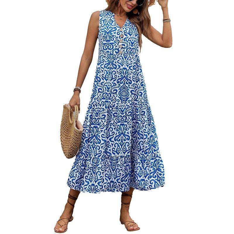 European and American women's summer new V-neck button print sleeveless casual French dress for women