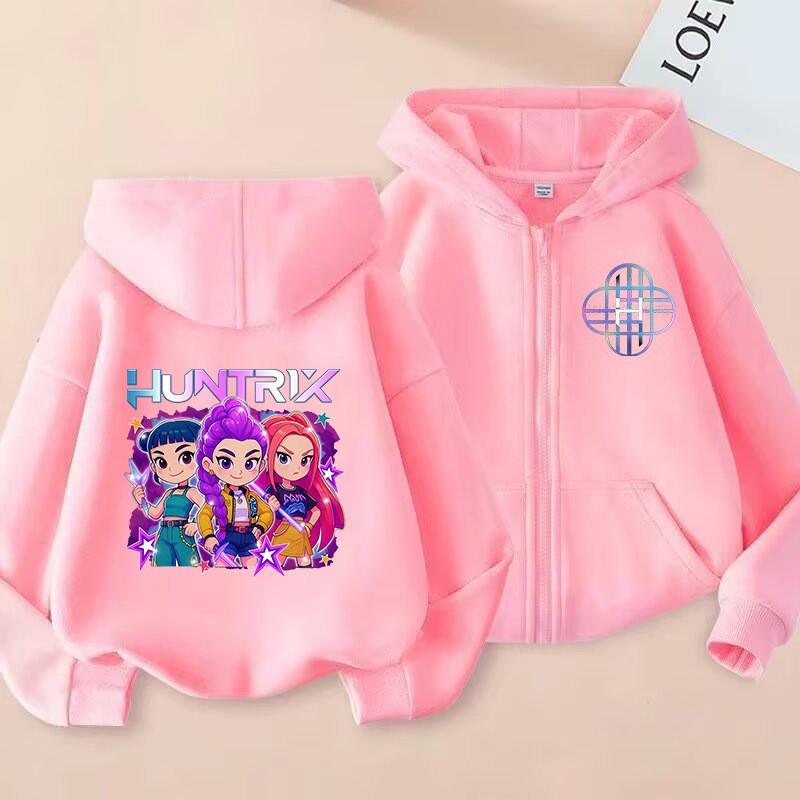K-Pop Demon Hunters Zip Jacket Rumi Mira Zoey Cartoon Printed Children Clothing Casual Outerwear Hooded Coat Girls Clothes Gift