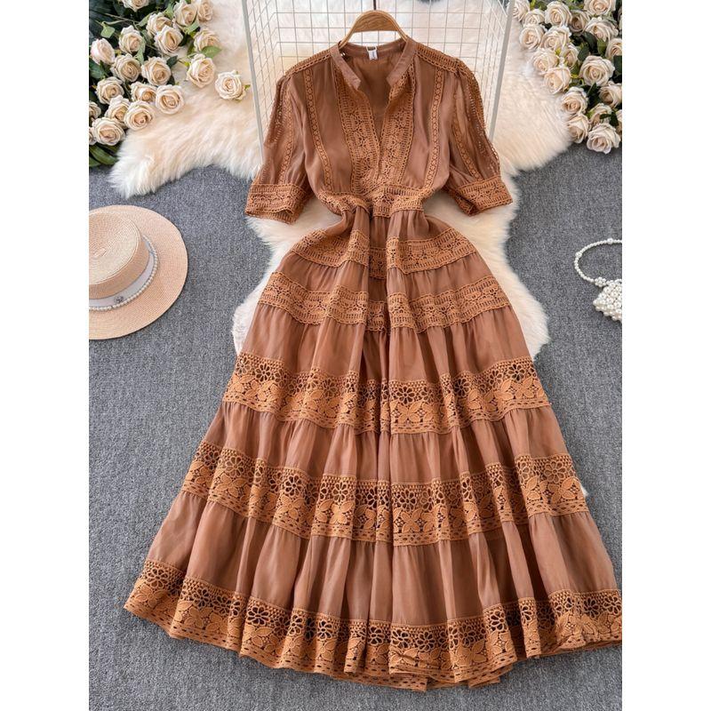 French Style Temperament Summer Clothing Cutout Lace Stitching Dress