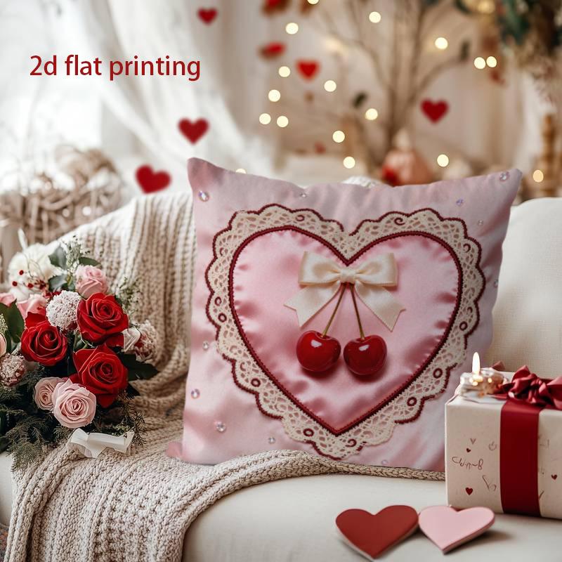 Heart-Shaped Pillowcase with Cherries and Bow Pattern Cushion Cover Suitable for Sofa Bedroom Car Pillow Cover