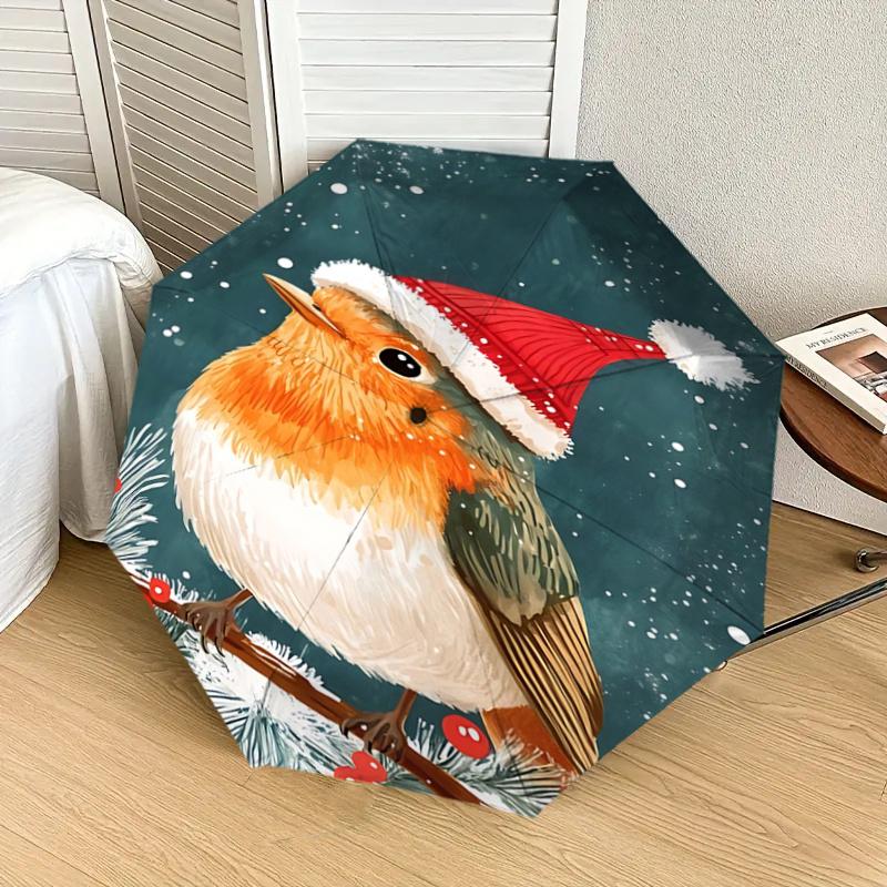 Christmas Robin with Santa Hat - Automatic Opening Umbrella, Portable 3-Fold Design, 8-Bone Iron Frame Outdoor Umbrella, Festive Gift for Fa