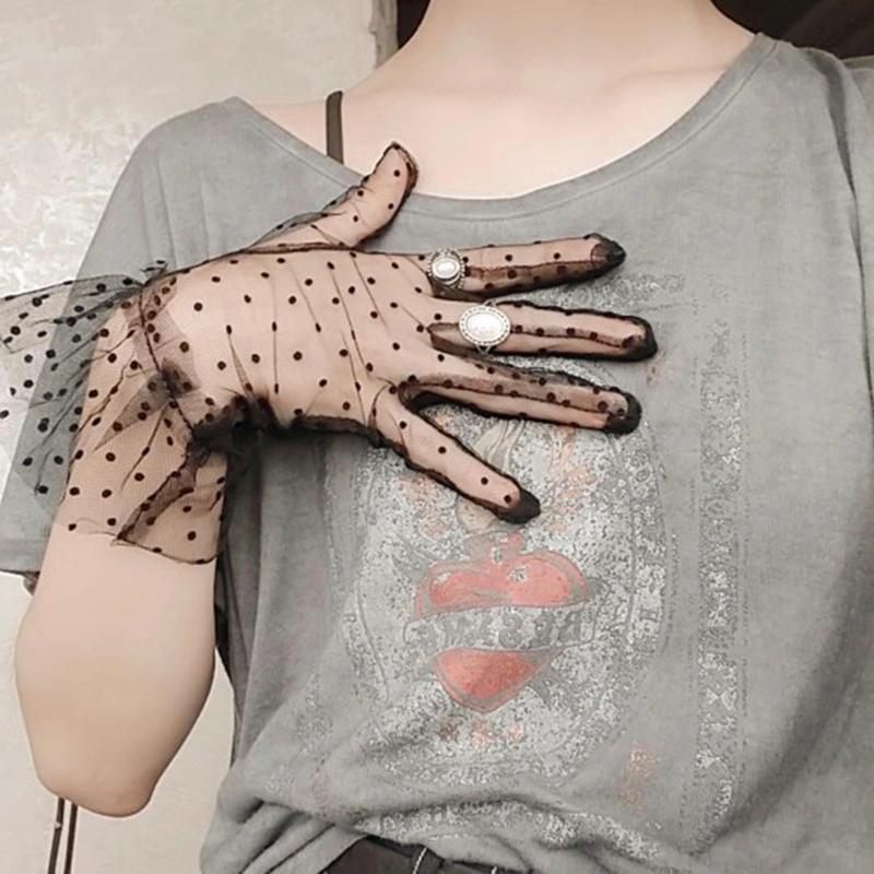 1 Pair Lace Gloves Fashion Autumn Summer Women Short Tulle Stretchy Lotus Leaf Sheers Flexible Mesh Gloves Full Finger