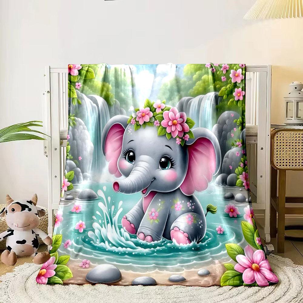 Cute Elephant with Floral Waterfall Background Print Blanket Soft and Cozy Perfect for the Living Room Bed Sofa or a Nap,gift