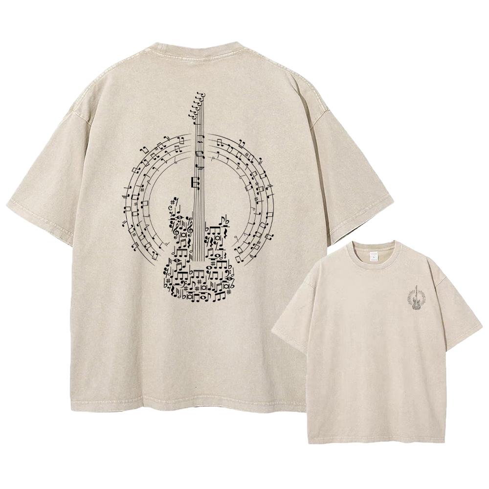 Mens Fun Guitar Print Washed T Shirt Comfortable And Breathable Summer Street Style Fitness Training Pure Cotton Short Sleeve