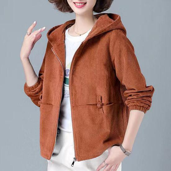 Women's Hooded Jacket Loose Short Jacket Casual Zipper Hoodie Windproof Single Layer Corduroy Jacket