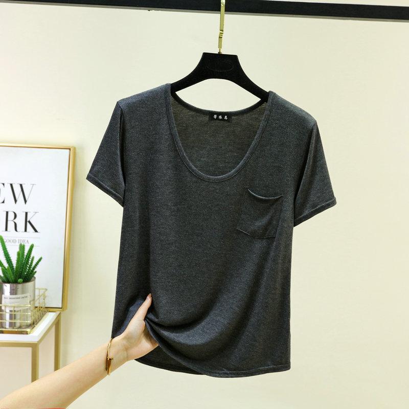 Women's U Neck T-Shirt 2026 Summer Modal Basic Short Sleeve Tshirts Loose Fit Relaxed Casual Tee Tops Solid Pocket Tees